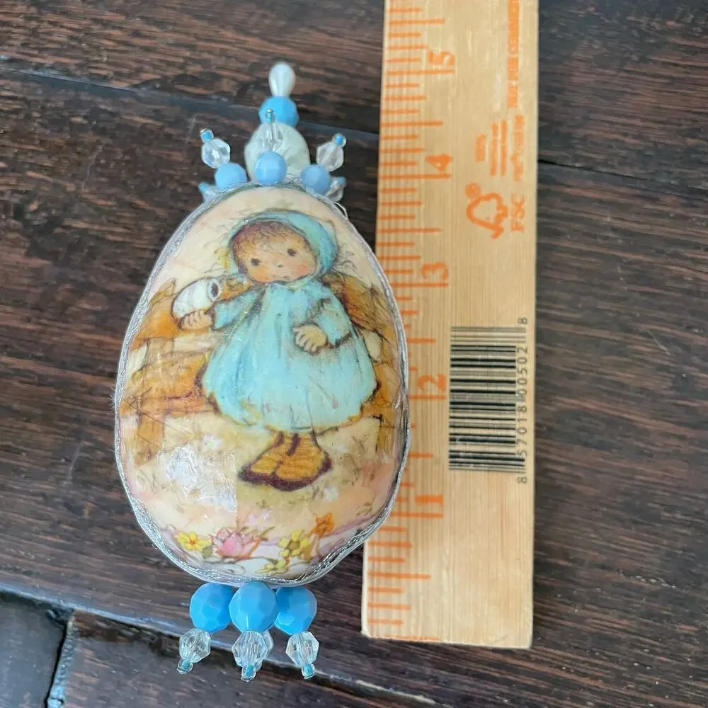 Vintage Decoupage Ornament Holly Hobbie? Handmade 70's Beaded Christmas Holiday